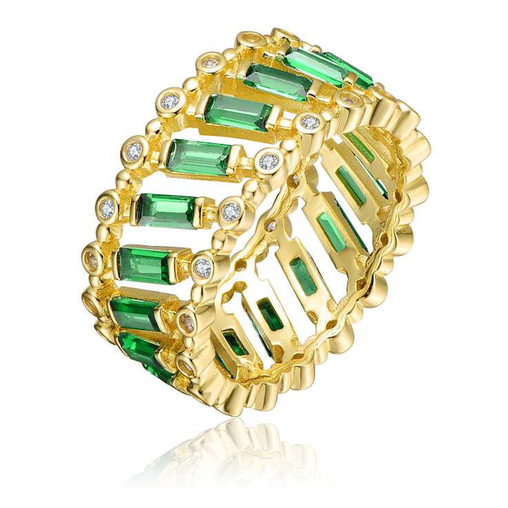 Emerald Color CZ Baguette Band Ring In 14K Gold Over Sterling Silver