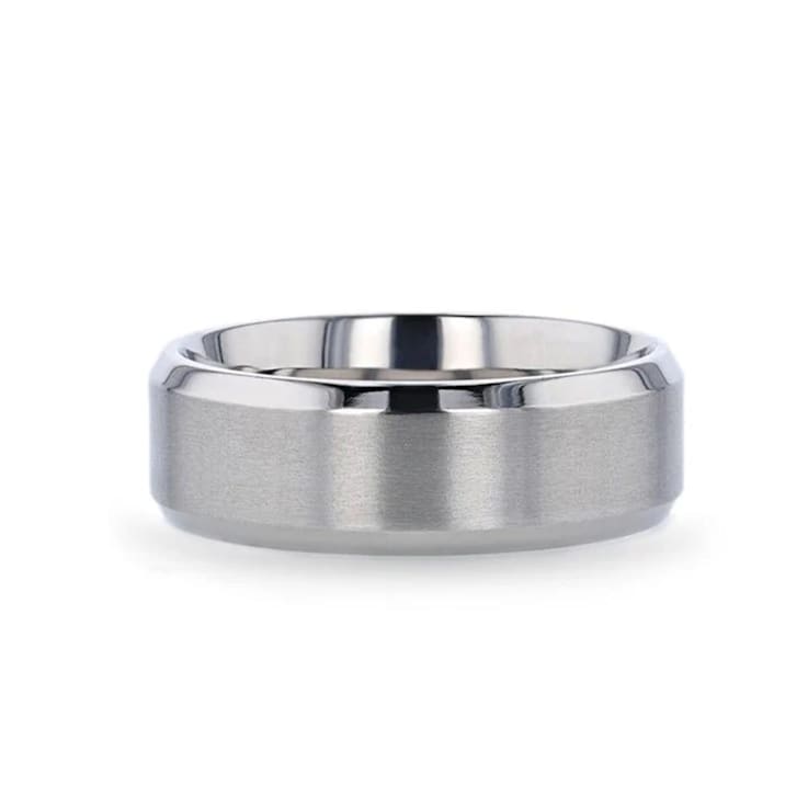 SHIRE Titanium Brushed Center Men’s Flat Wedding Ring with Polished
Beveled Edges 8mm