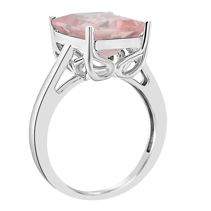 10x8mm Emerald Cut Rose Quartz Rhodium Over Sterling Silver Ring