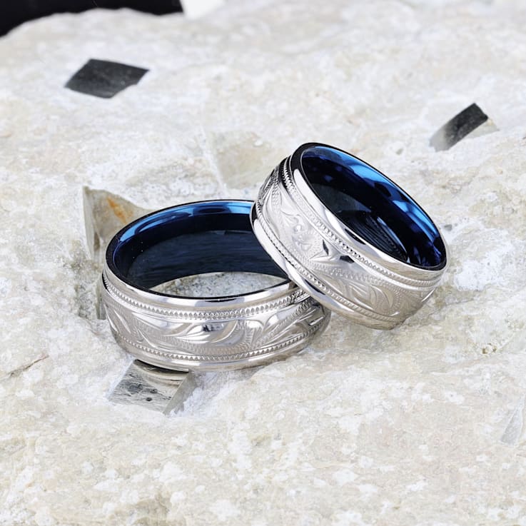 MARINER Titanium Milgrain Engraved Finish Men 's Wedding Ring with Blue
Plating Inside 8mm