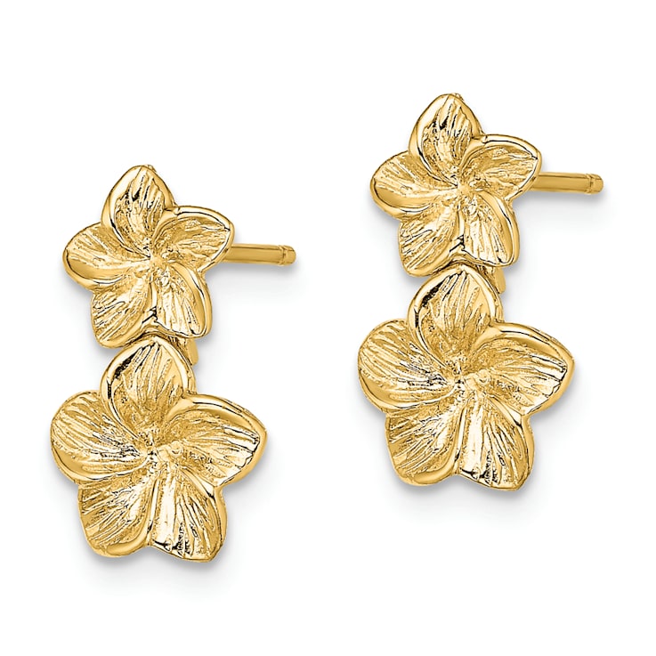 14K Yellow Gold Textured Double Plumeria Flower Dangle Earrings