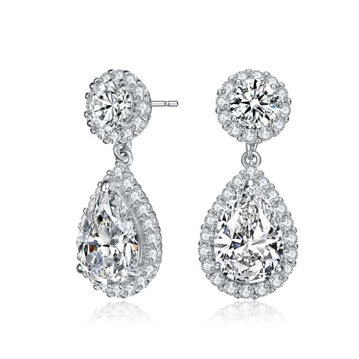 Pear Shape CZ Halo Drop Earrings In Sterling Silver