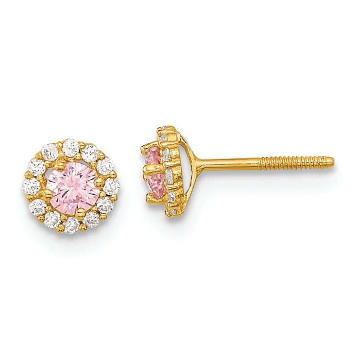 14k Yellow Gold Polished 5.35mm Pink and Clear Cubic Zirconia Stud Earrings