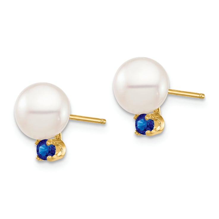14K Yellow Gold 7-7.5mm White Round Freshwater Cultured Pearl Sapphire
Post Earrings