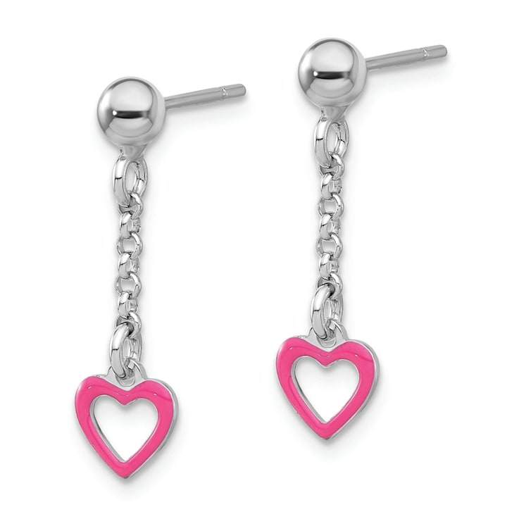 Sterling Silver Pink Enamel Heart Post Dangle Earrings