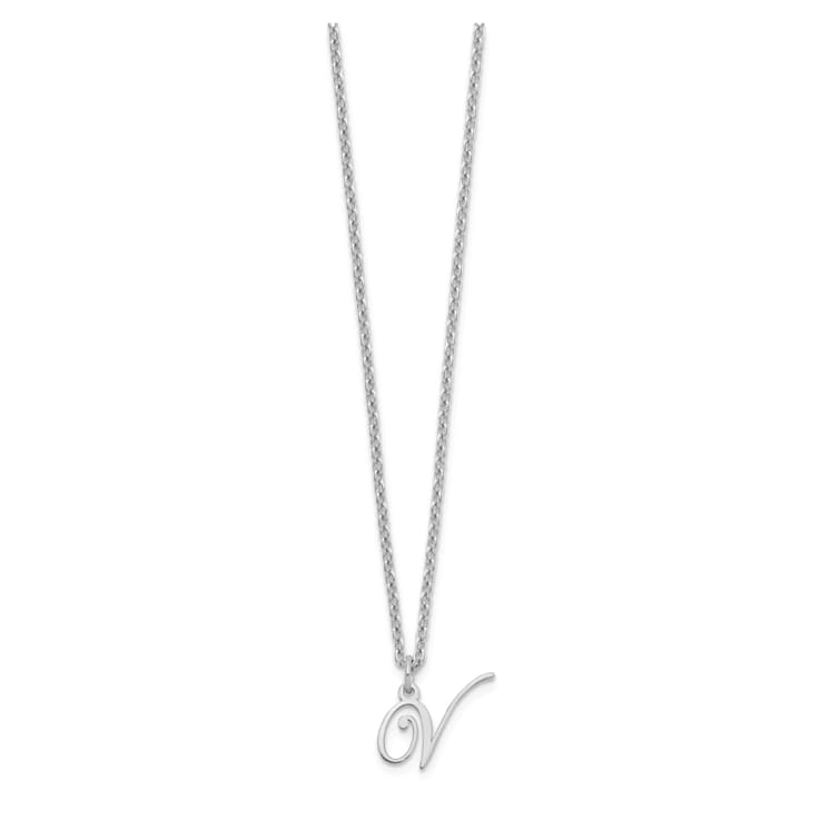 Rhodium Over Sterling Silver Letter V Initial Necklace