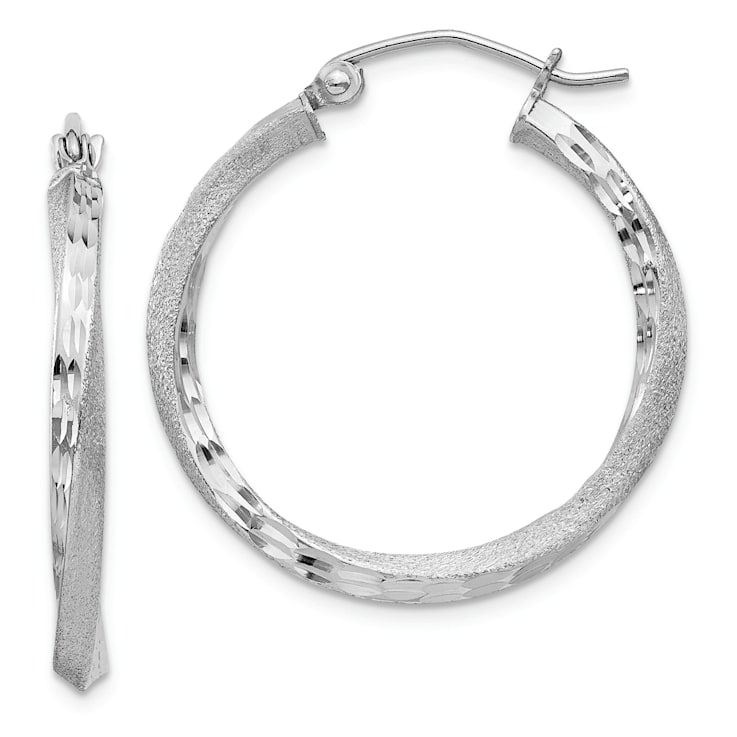 Rhodium Over Sterling Silver Satin Diamond-cut 2.5x25mm Twisted Hoop Earrings