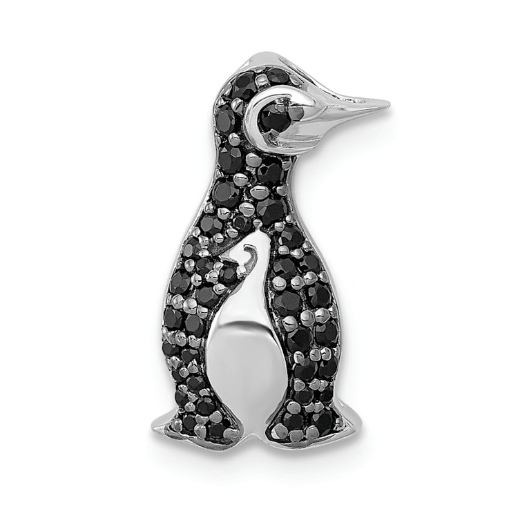 Rhodium Over 14k White Gold Black Diamond Penguin Chain Slide Pendant