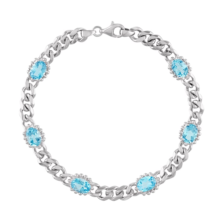 Sterling Silver Swiss Blue Topaz Curb Chain Bracelet 3.3ctw