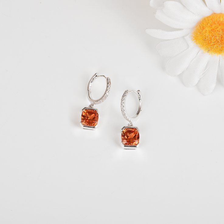 Peach Orange Lab Created Padparadscha Sapphire & Moissanite Rhodium
Over Silver Drop Earrings