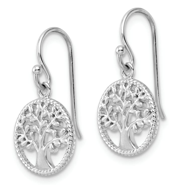 Rhodium Over Sterling Silver Tree Dangle Earrings