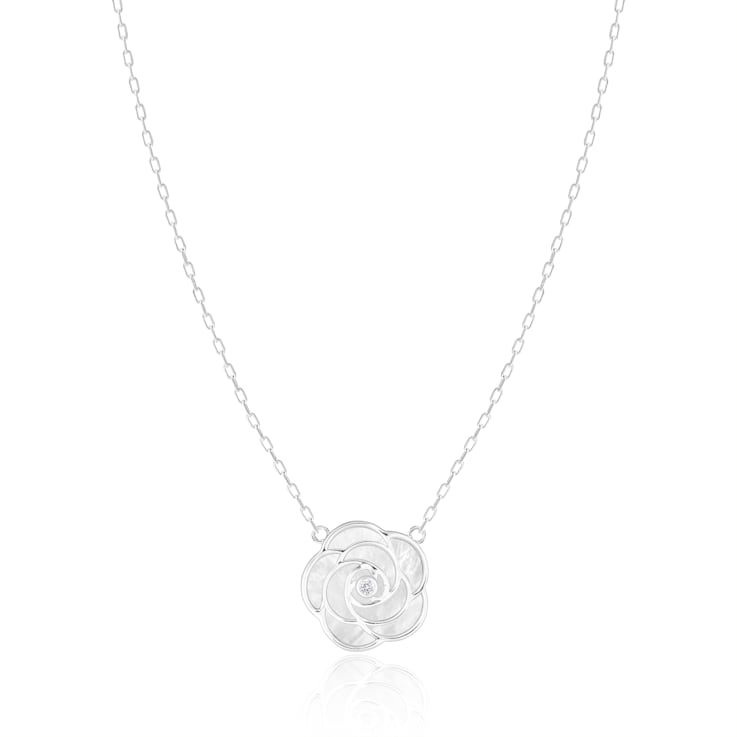 Mother of Pearl and Cubic Zirconia Rhodium Over Sterling Silver Necklace