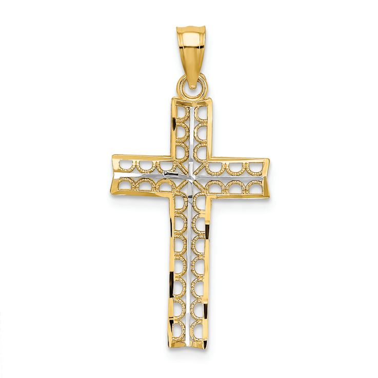 14K Two-tone Gold  Textured and Diamond-Cut Cross Charm