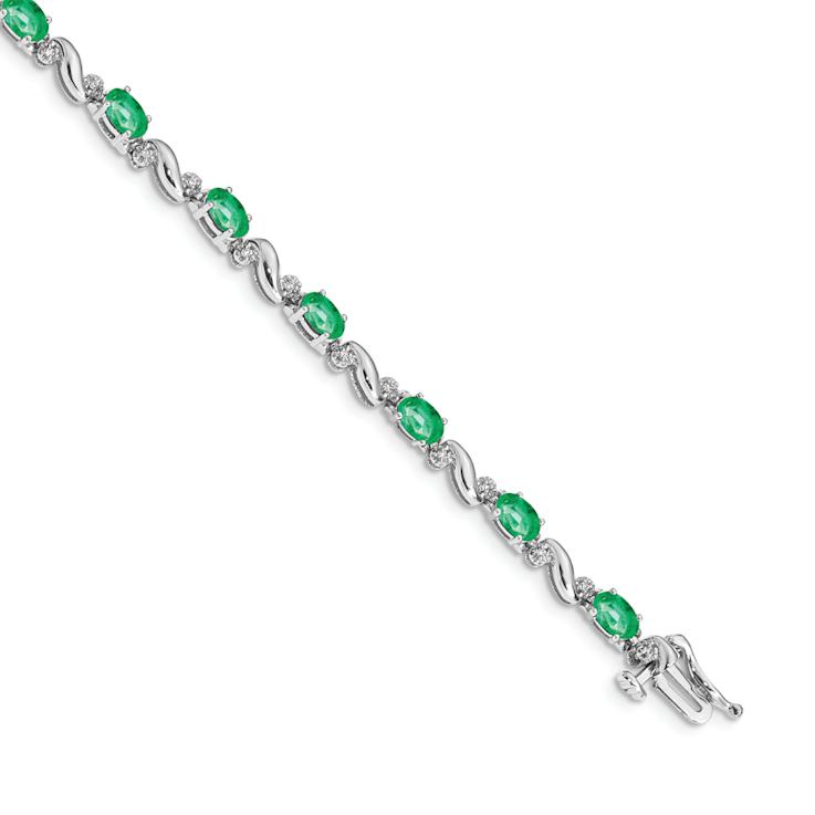 Rhodium Over 10k White Gold Diamond and Emerald Bracelet