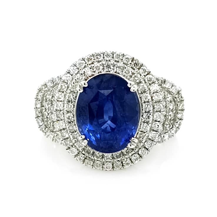 6.35 Ctw Blue Sapphire and 1.34 Ctw White Diamond Ring in 14K WG