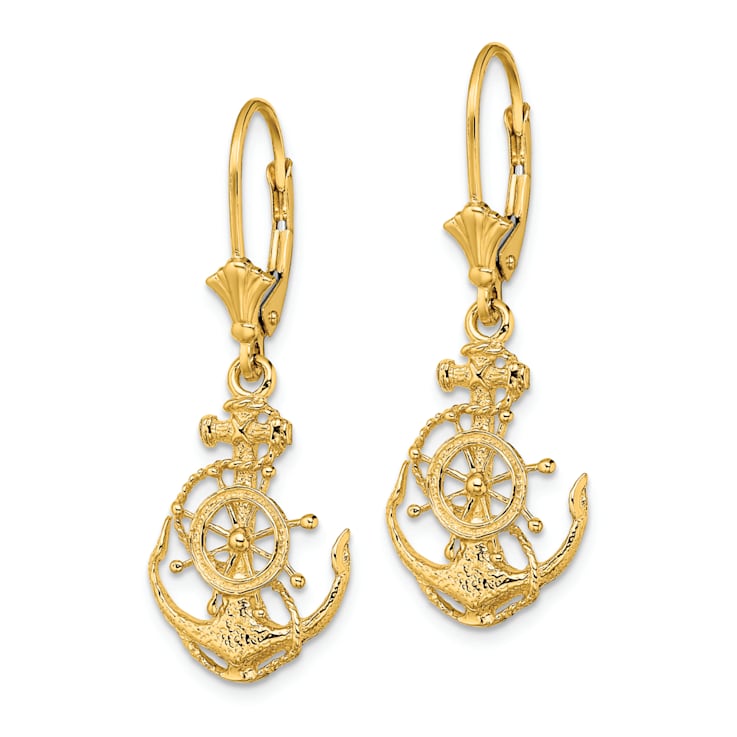 14k Yellow Gold Textured Anchor and Wheel Dangle Earrings