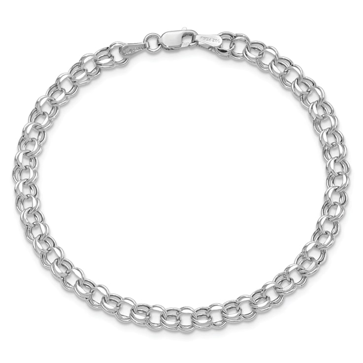 Rhodium Over 14k White Gold 4.5mm Diamond-Cut Double Link Charm Bracelet