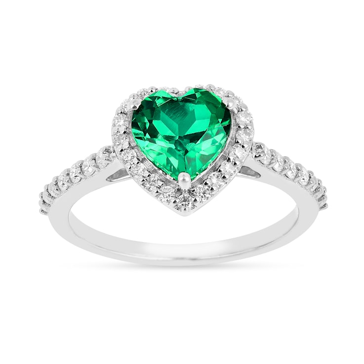 Green Lab Created Emerald and Moissanite Rhodium Over Sterling Silver
Halo Heart Ring