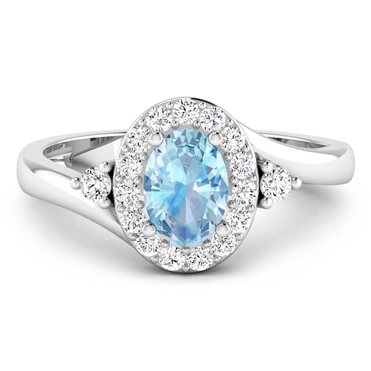 Oval Blue Aquamarine and Diamond 14K White Gold Halo Ring 0.78 ctw