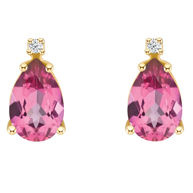 8x5mm Pear Shape Pink Topaz with Diamond Accents 14k Yellow Gold Stud Earrings