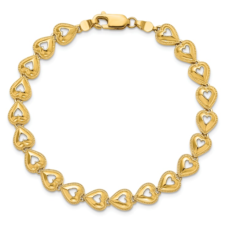 14k Yellow Gold Polished Beaded Hearts Link Bracelet