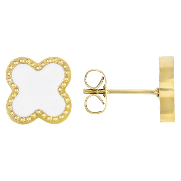 White Enamel Clover Gold-Tone Stud Earrings