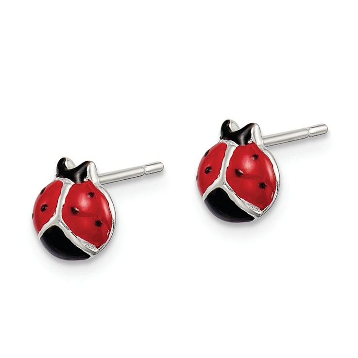 Lady Bug Post Stud Earrings Black and Red Enamel Sterling Silver