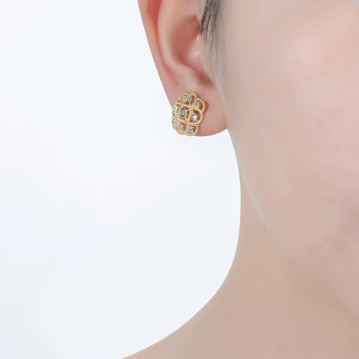 Two-Tone CZ Stud Earrings In 14K Gold Over Brass And Rhodium Over Brass