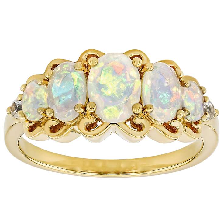 Opal And White Zircon Band Ring In 18K Gold Over Sterling Silver 1.17ctw