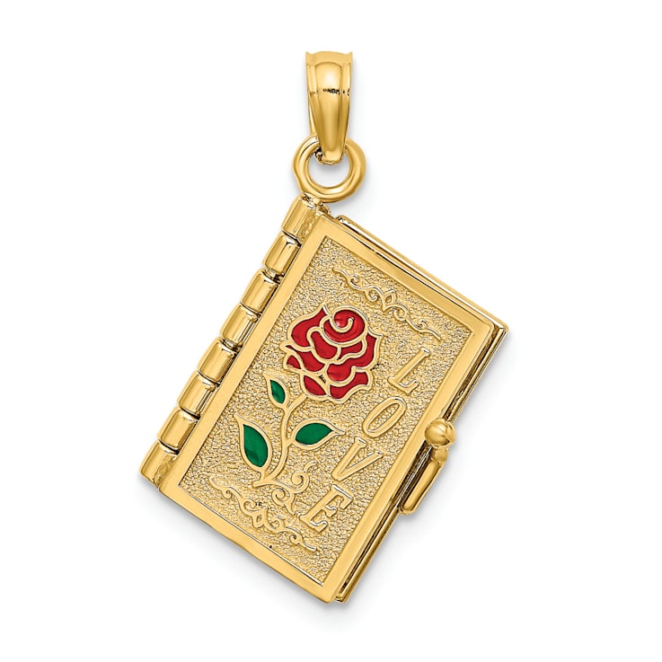 14k Yellow Gold 3D Moveable Brushed and Textured LOVE Book Pendant with
Enameled Flower