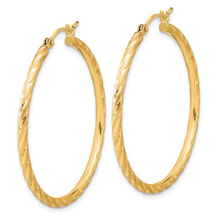 14k Yellow Gold Polished, Satin and Diamond-Cut 1 3/8" Hoop Earrings