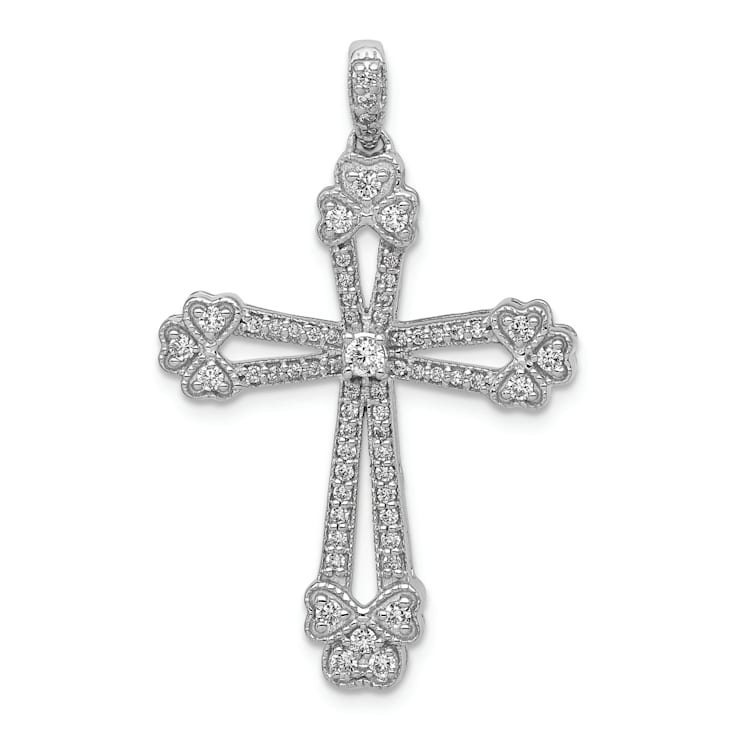 Rhodium Over 14K White Gold 3/8ct. Diamond Budded Cross Pendant