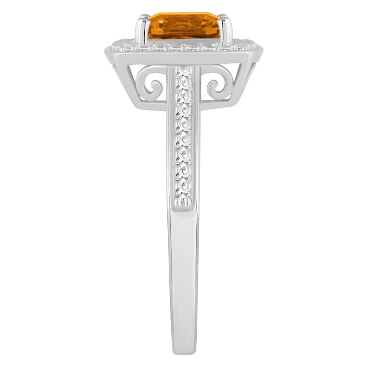 7mm Cushion Citrine 1/4 ctw Diamond Rhodium Over Sterling Silver Halo Ring