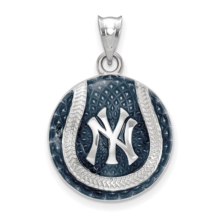 Rhodium Over Sterling Silver MLB LogoArt New York Yankees Enameled Pendant