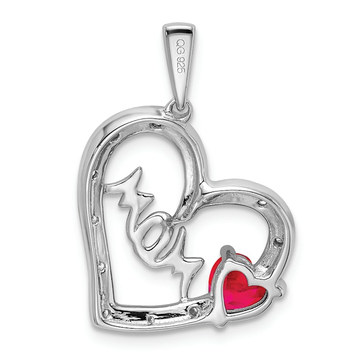 Rhodium Over 14k White Gold Ruby and Diamond Mom Heart Pendant