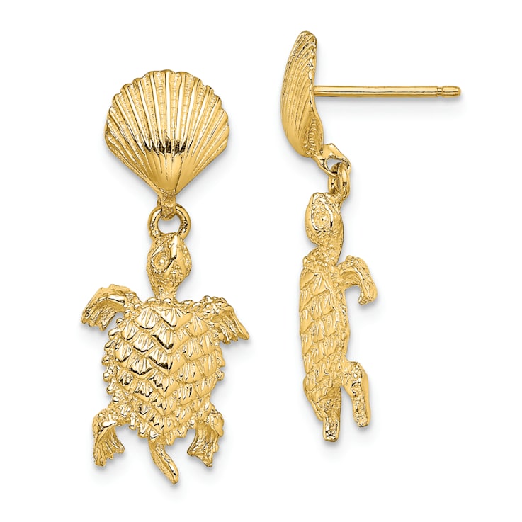 14k Yellow Gold Textured Shell and Sea Turtle Dangle Earrings