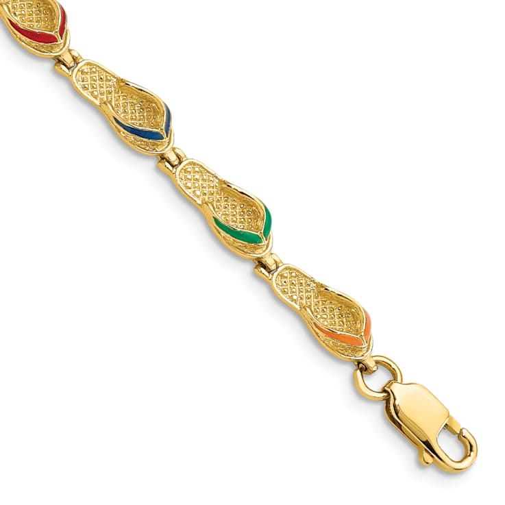 14k Yellow Gold Textured Multi-Color Enamel Flip Flop Bracelet