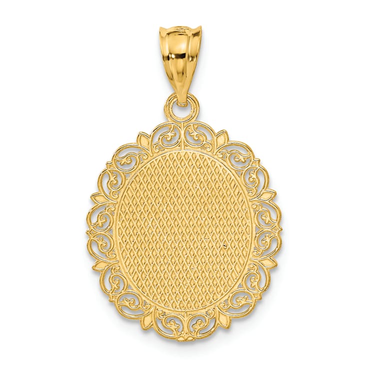14k Yellow Gold Solid Satin, Polished and Textured Pisces Zodiac Oval Pendant