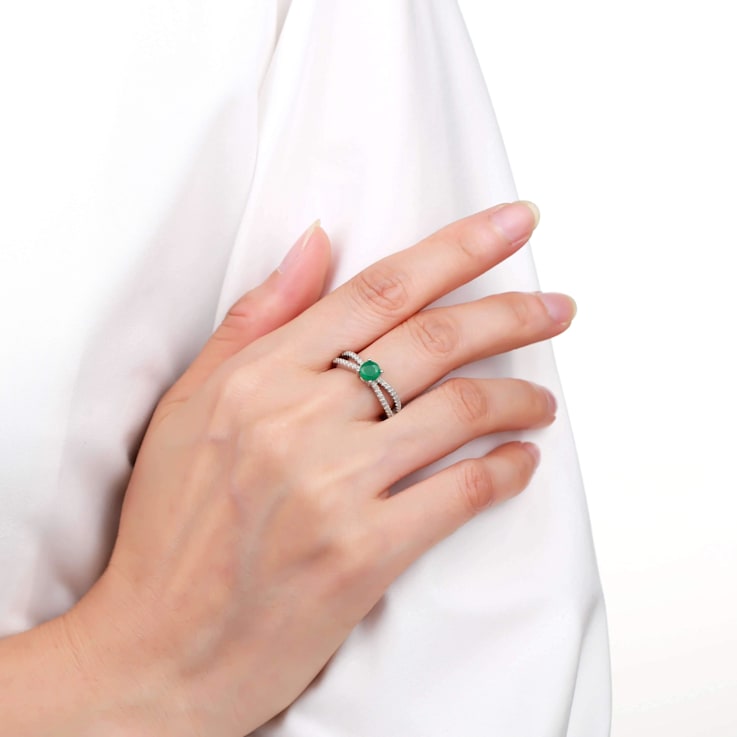Round Emerald with White Sapphire Accents Sterling Silver Split Shank
Ring, 0.60ctw