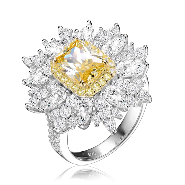 Yellow Cubic Zirconia, Rhodium Plated over Sterling Silver Halo Ring