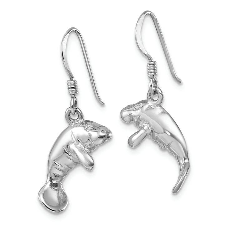 Rhodium Over Sterling Silver Polished Manatee Dangle Earrings