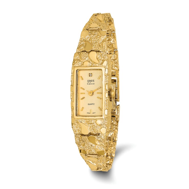 14k Yellow Gold Ladies Rectangular Champagne 15x31mm Dial Solid Nugget Watch