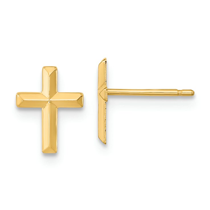 14k Yellow Gold Children's 3D Polished Cross Stud Earrings