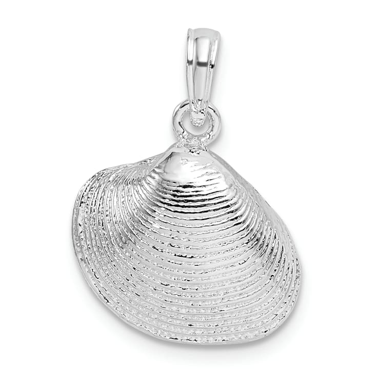 Rhodium Over Sterling Silver Polished Clam Shell Pendant
