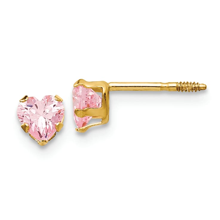 14k Yellow Gold 4mm Pink Cubic Zirconia Heart Earrings