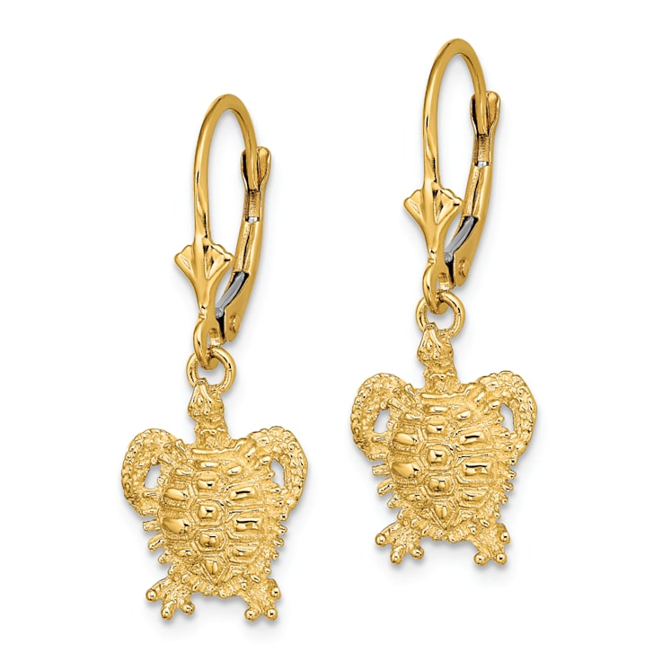 14K Yellow Gold Textured Turtle Dangle Earrings