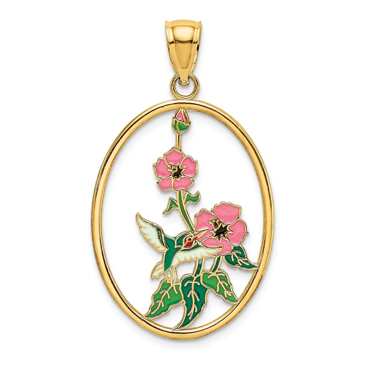 14k Yellow Gold with Multi-color Enamel Hummingbird and Flowers In Oval
Frame Charm