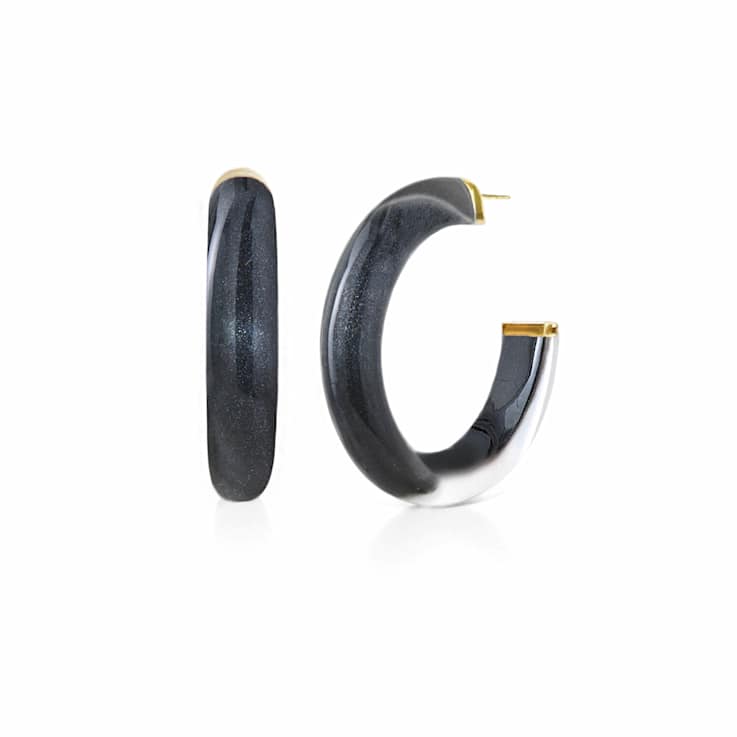14K Yellow Gold Over Sterling Silver Medium Illusion Acrylic Hoops in Onyx