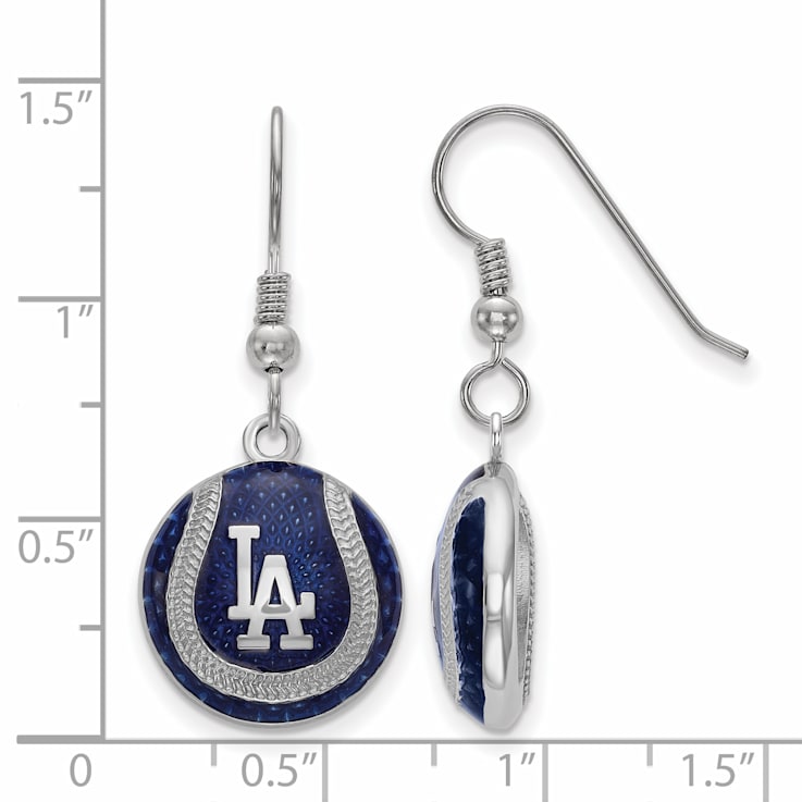 Rhodium Over Sterling Silver MLB LogoArt LA Dodgers Enamel Dangle Earrings