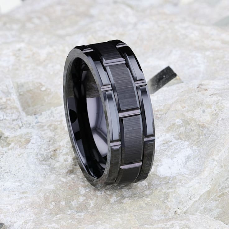 WINDSOR Beveled Black Tungsten Carbide Wedding Band with Brushed Finish
and Alternating Grooves 8mm